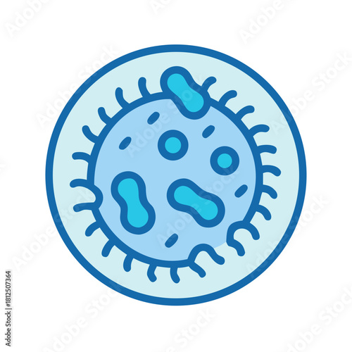 Illustration of a virus or bacteria with protrusions, blue colors and a circle