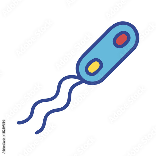 Stylized Ecoli bacterium cell with flagella shown on black background for educational medical purposes