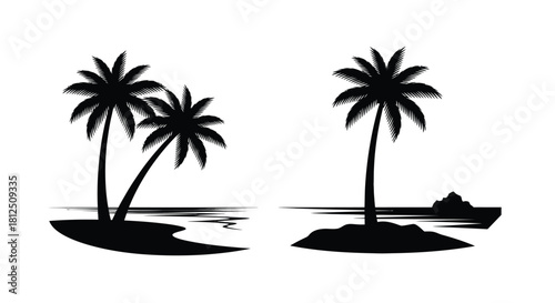 Black silhouette of three palm trees and a tropical island scene