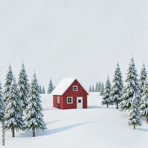 Minimalist winter landscape with a tiny, small, red cabin surrounded by snow and pine trees, evoking solitude and peace.eps