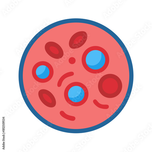 Stylized illustration of a blood cell with white blood cells on black background
