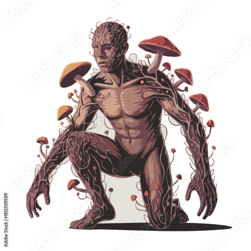 Mystical nature transformation man figure overgrown with roots, vines, and wild mushrooms.
