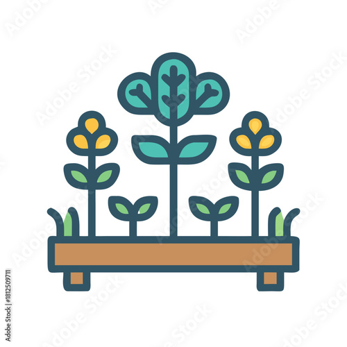 Stylized vector illustration of flower garden in a wooden box on black background
