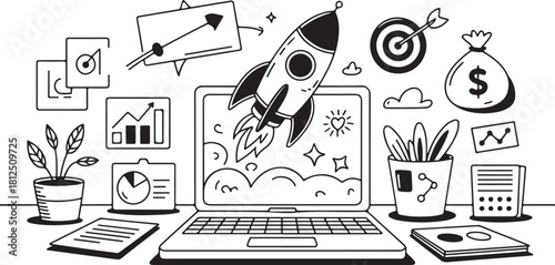 Doodle Illustration of a Laptop with a Rocket Launching and Business Icons vector