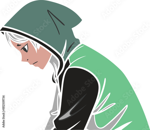 Colorful illustration of a pensive anime character in a hoodie green