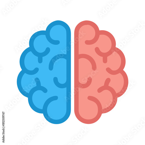 Iconic flat brain image with blue and pink hemispheres against a black background