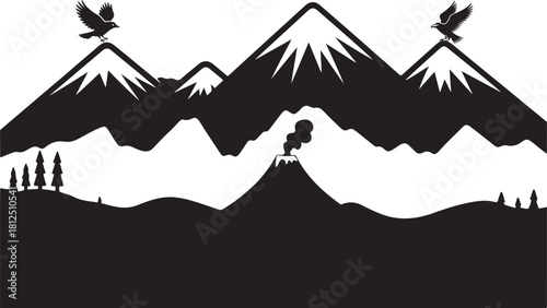 Majestic mountain range with a smoking volcano and soaring eagles mountains eruption