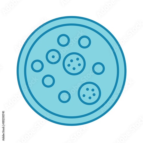 Flat illustration of a petri dish with cell colonies on a black background.
