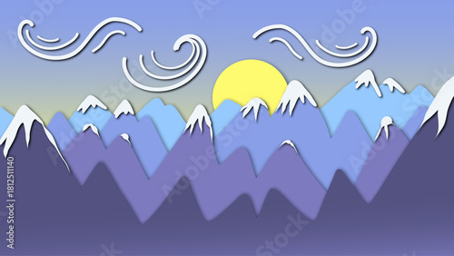 Paper cut out illustrations of mountains, sky, sun and clouds