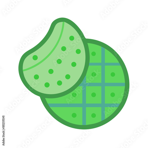 Two green organic shapes on a black background with polka dots and grid