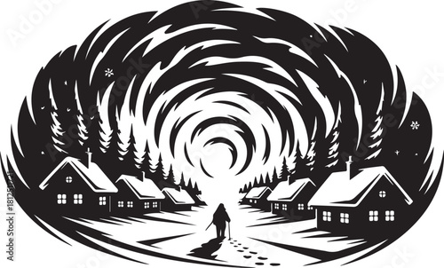 Silhouette of a solitary figure walking through a snowy village under a swirling sky