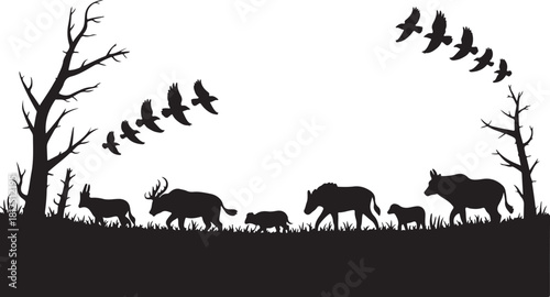 Silhouette of African wildlife and birds migrating across a grassy landscape animals