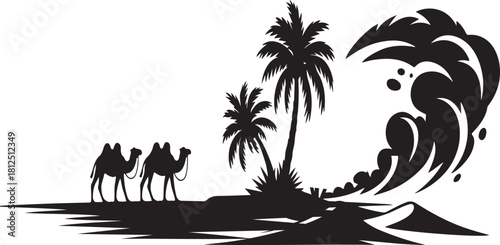 Silhouette of camels walking by palm trees with a large wave desert oasis