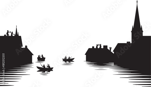Silhouette of boats on water with buildings and people river canal