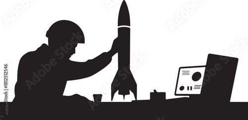 Silhouette of Scientist Working on Rocket Launch with Laptop vector mack