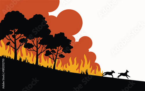 Silhouette of Trees and Animals Fleeing a Raging Wildfire Keywords: wildfire, fire, forest fire