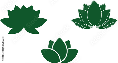 Three green lotus flower designs, symbolizing purity, peace, and spiritual growth