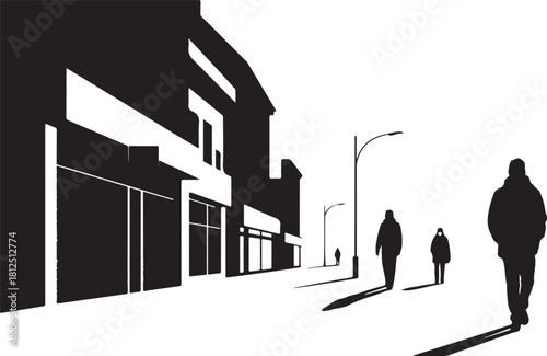 Silhouettes of people walking down a street with buildings and lampposts vector illustration