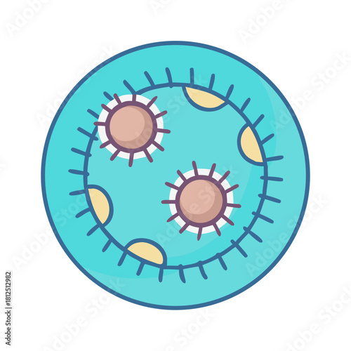 Stylized depiction of microscopic organisms within a cell-like structure, flat design style
