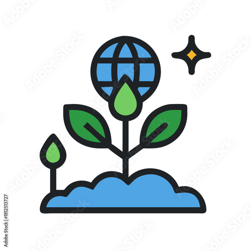 Flat vector illustration showcasing a plant growing from soil with a globe above.