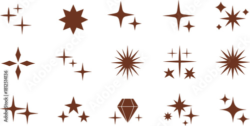 Collection of Brown Sparkle and Star Icons for Design and Decorative Elements