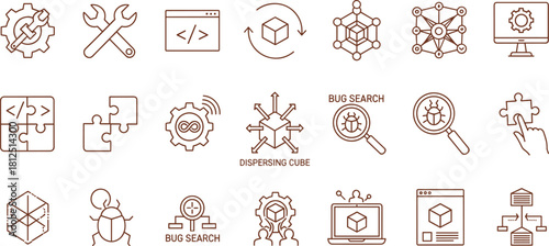 Modern thin line icons set for software development, coding, bug fixing, and web programming concepts. Vector illustrations for technology and developer tools