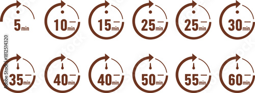 Collection of brown circular timer icons displaying a range of minute intervals from 5 to 60, perfect for illustrating countdowns, cooking times, or various task durations and processes