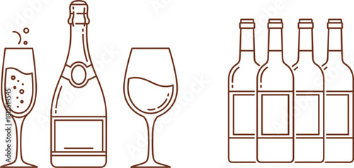 Illustrative outline of wine and champagne bottles with glasses, perfect for beverage and celebration themes