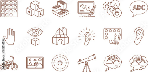 A Comprehensive Collection of Education and Learning Icons, Representing Various Concepts from Early Childhood Development to Scientific Exploration, Visual Aids, and Sensory Perception