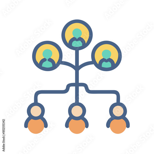 Organizational hierarchy illustration showing employee structure with top level management and team members