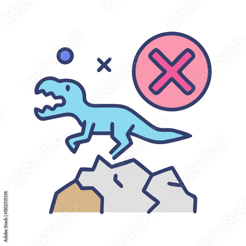 Cartoon dinosaur extinction concept with a pink cross against a black background