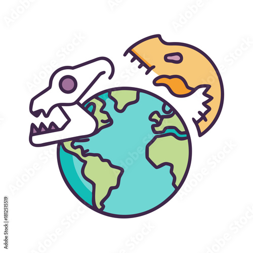Cartoon depiction of dinosaur skulls encircling planet Earth against a black background