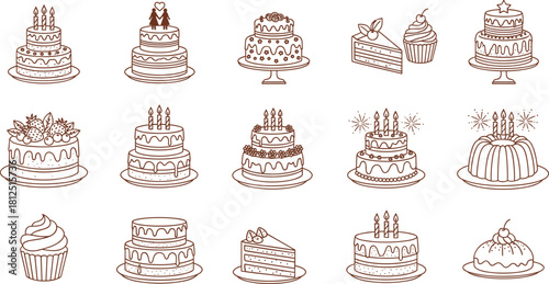 Collection of Line Art Cakes Festive Designs for Celebrations and Sweet Treats