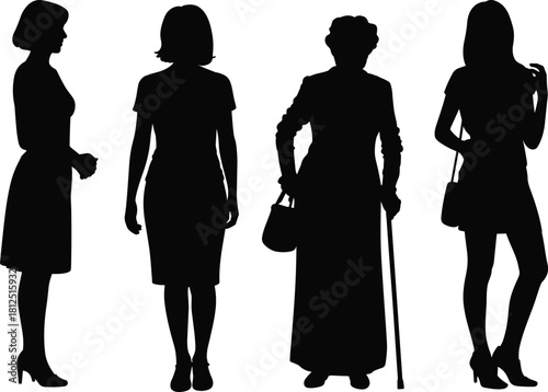 Silhouette, woman, female, posture, fashion, age, style, standing, gesture, people, vector, illustration, abstract, design, black, white, generational, diversity, elegance, identity