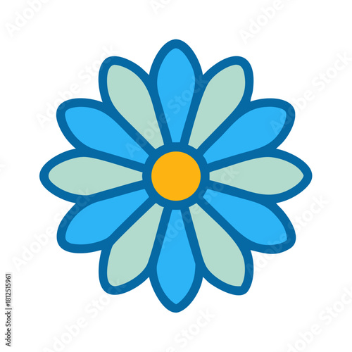 Stylized flower illustration with blue petals and a yellow center on black