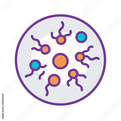 Colorful graphic illustration of microscopic organisms, bacteria, or cells in a petri dish