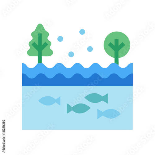 Stylized Lake Scene with Trees and Fish in Flat Vector Illustration