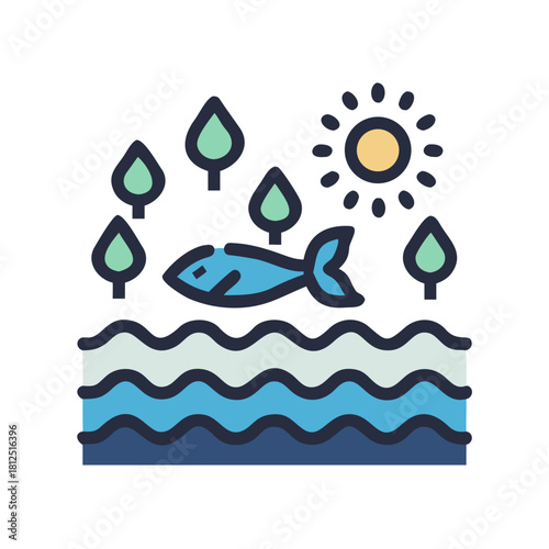 Stylized graphic of a fish jumping in water with trees and the sun