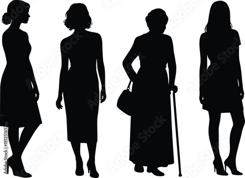 Silhouette, woman, female, posture, fashion, age, style, standing, gesture, people, vector, illustration, abstract, design, black, white, generational, elegance, identity, diversity