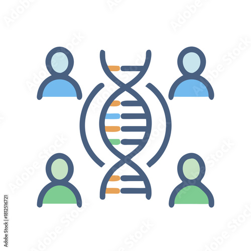 DNA strand surrounded by people icons, illustration representing genetics or genealogy