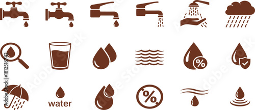 A comprehensive set of vector icons focused on water, featuring plumbing fixtures, faucets, dripping water, raindrops, liquid droplets, and themes of conservation and hydration