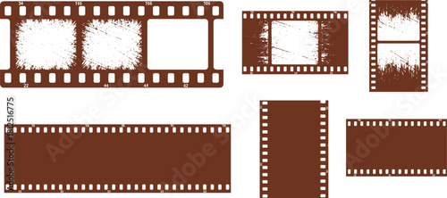 A collection of distressed brown film strip frames with scratched textures, perfect for vintage photo borders and retro graphic design