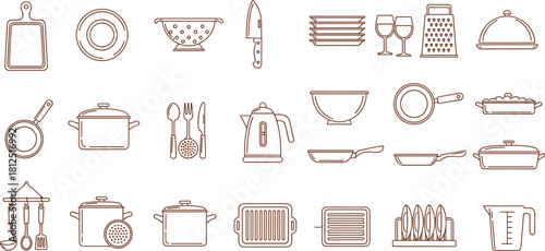 Set of cooking and kitchen utensils, ideal for recipes, menus, and culinary content