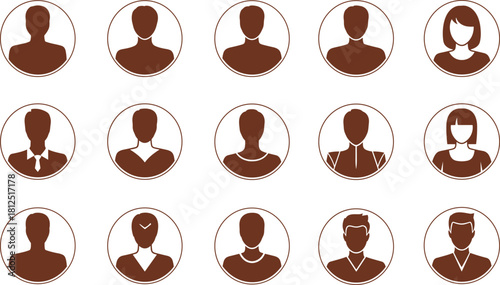 Set of fifteen brown silhouette icons representing a diverse community of people, perfect for user profiles and avatars