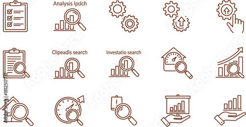 Set of outline icons representing data analysis and search, including magnifying glass, charts, gears, and a hand interacting with a gear
