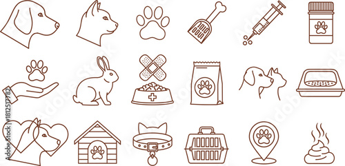 Set of veterinary and pet care icons, including animals, medical tools, and supplies for animal clinics and pet owners