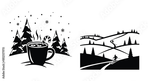 Winter scenes with hot cocoa trees a ski slope and falling snowflakes