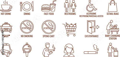 Collection of icons representing various services and amenities like dining, restrooms, and transportation options