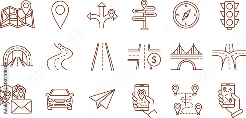 A comprehensive set of line art icons related to GPS navigation, travel, and mapping, including roads, location pins, and mobile app symbols