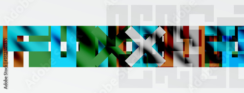 Abstract geometric pattern. Colorful squares, rectangles create dynamic composition. Minimalist design with white background.